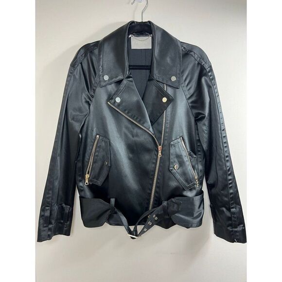 JASON WU Black Waist Belted Multi-zipper Moto Jacket Size 2 - Picture 2 of 8